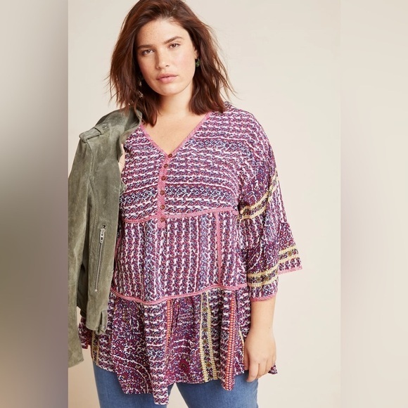 ANTHROPOLOGIE Maeve Lilyana Tiered 100% Silk Blouse SIZE LARGE BOHO flounce - Picture 1 of 13
